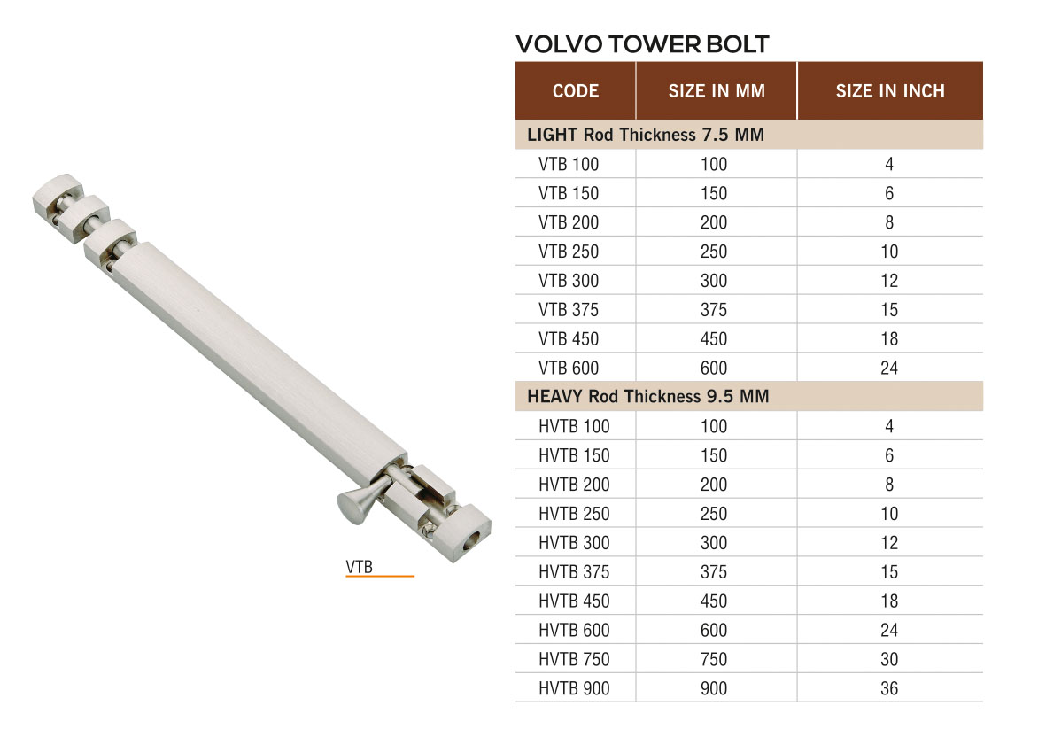 VTB by Decor Brass Hardware Tower Bolt